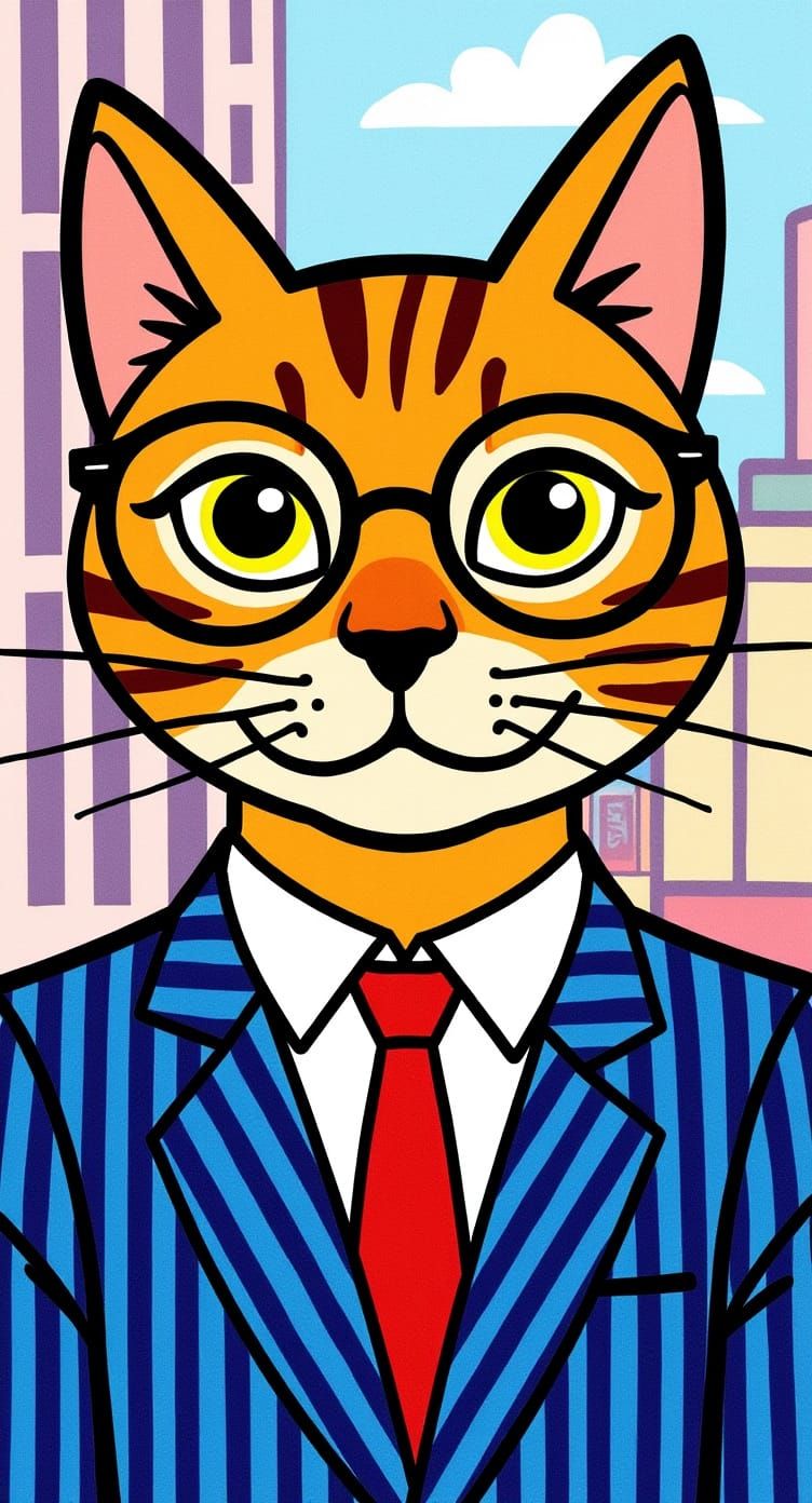 a whimsical, thin cartoon-style anthropomorphic cat