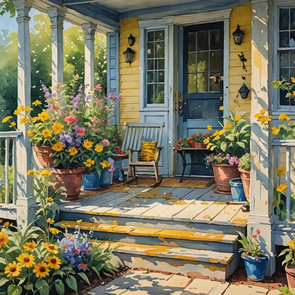 Bee-Themed Porch in Gouache Watercolor Style