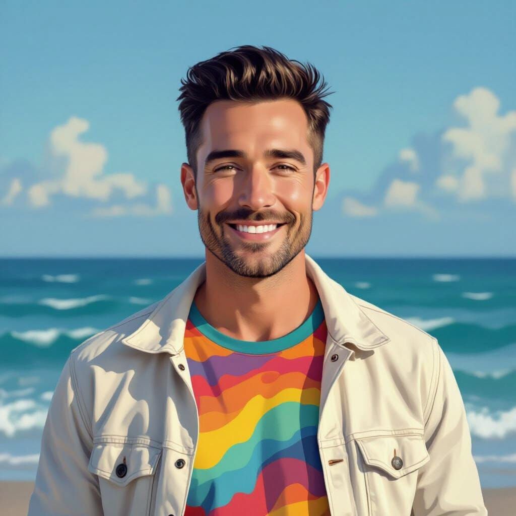 Portrait of Man with Sea View in Realistic Style