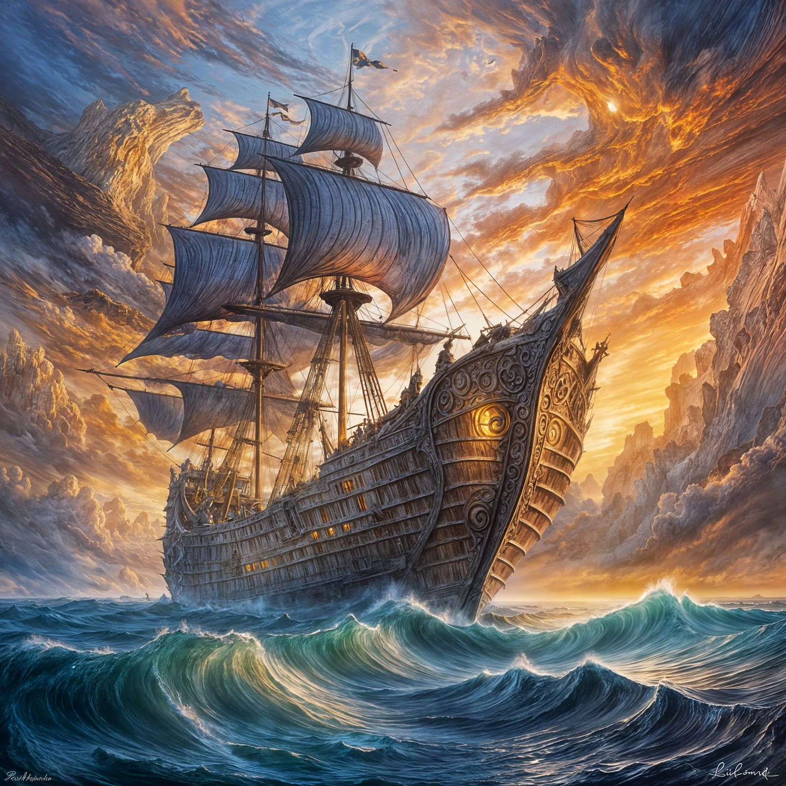 Legendary Seascape at Dawn: Ancient Ship Sails in Dreamlike ...