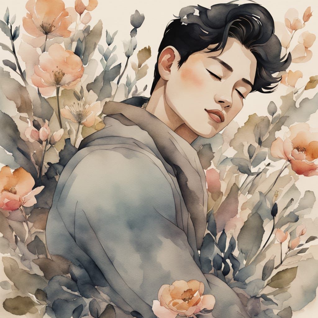 Tranquil Watercolor Portrait of a Man with Floral Accents