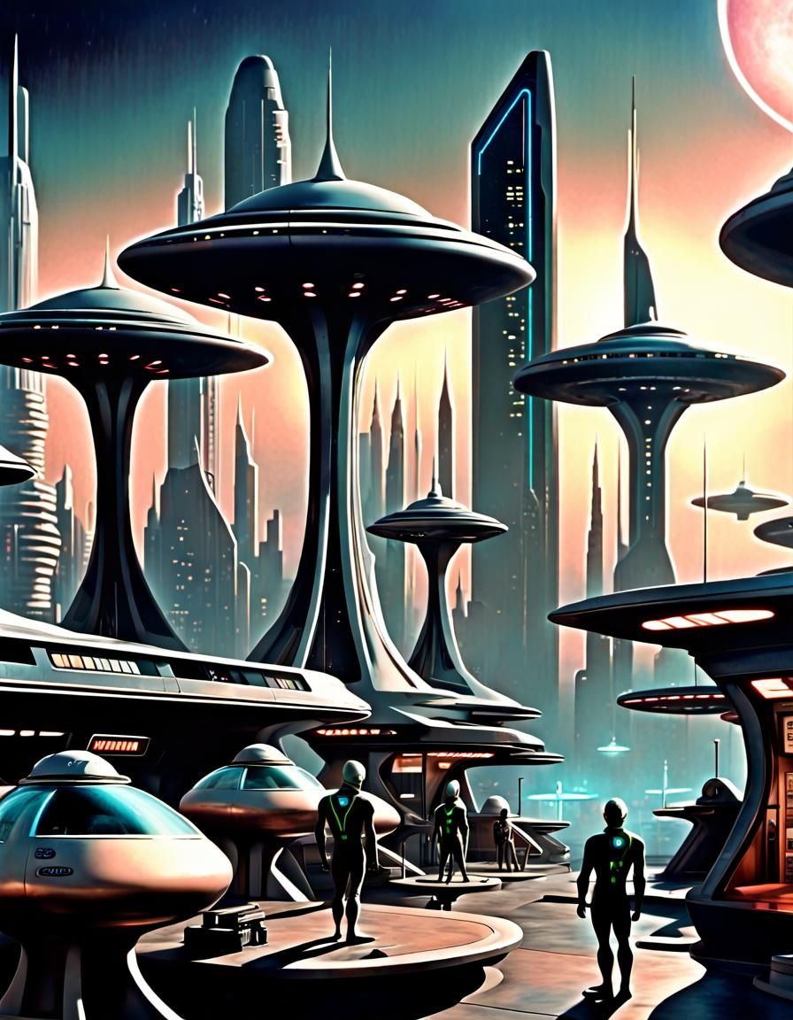 Retrofuturistic Alien Gas Station in Sci-Fi Style