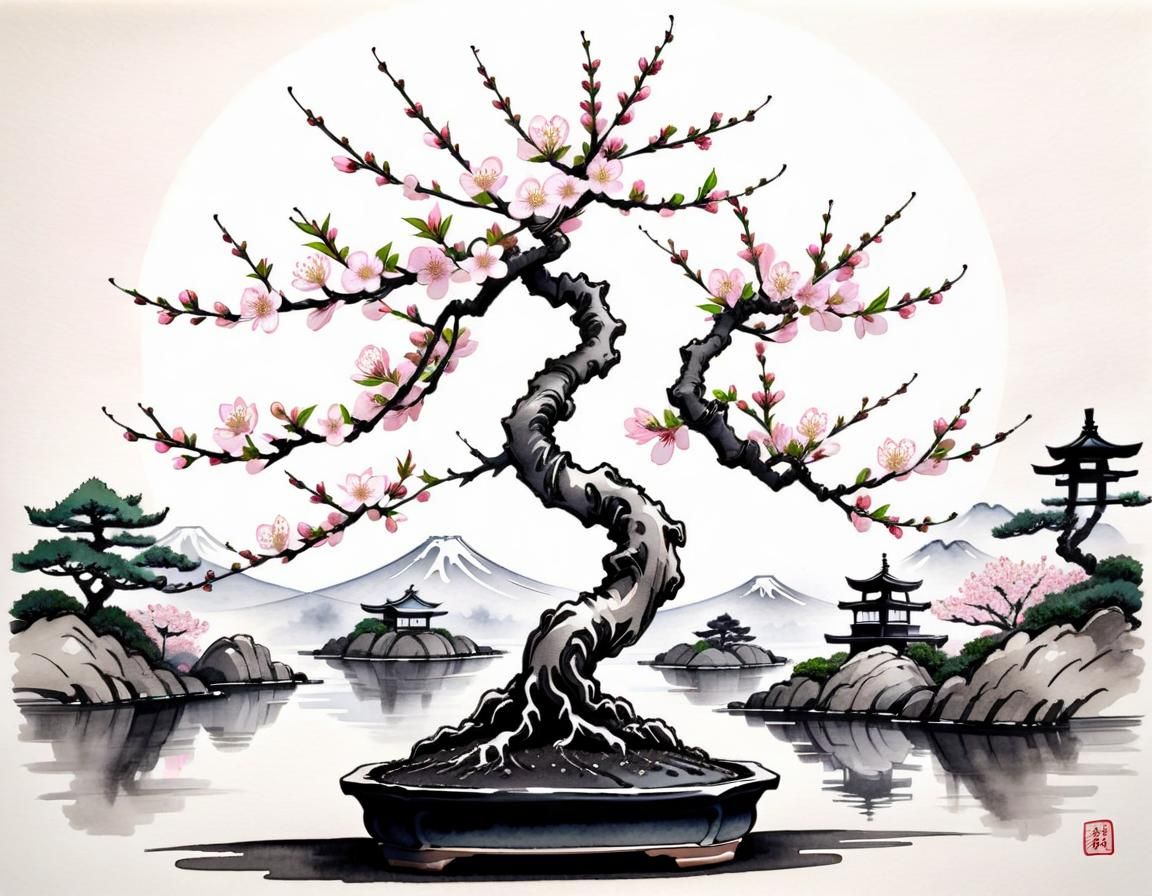 Cherry Blossom Bonsai in Japanese Ink Drawing Style