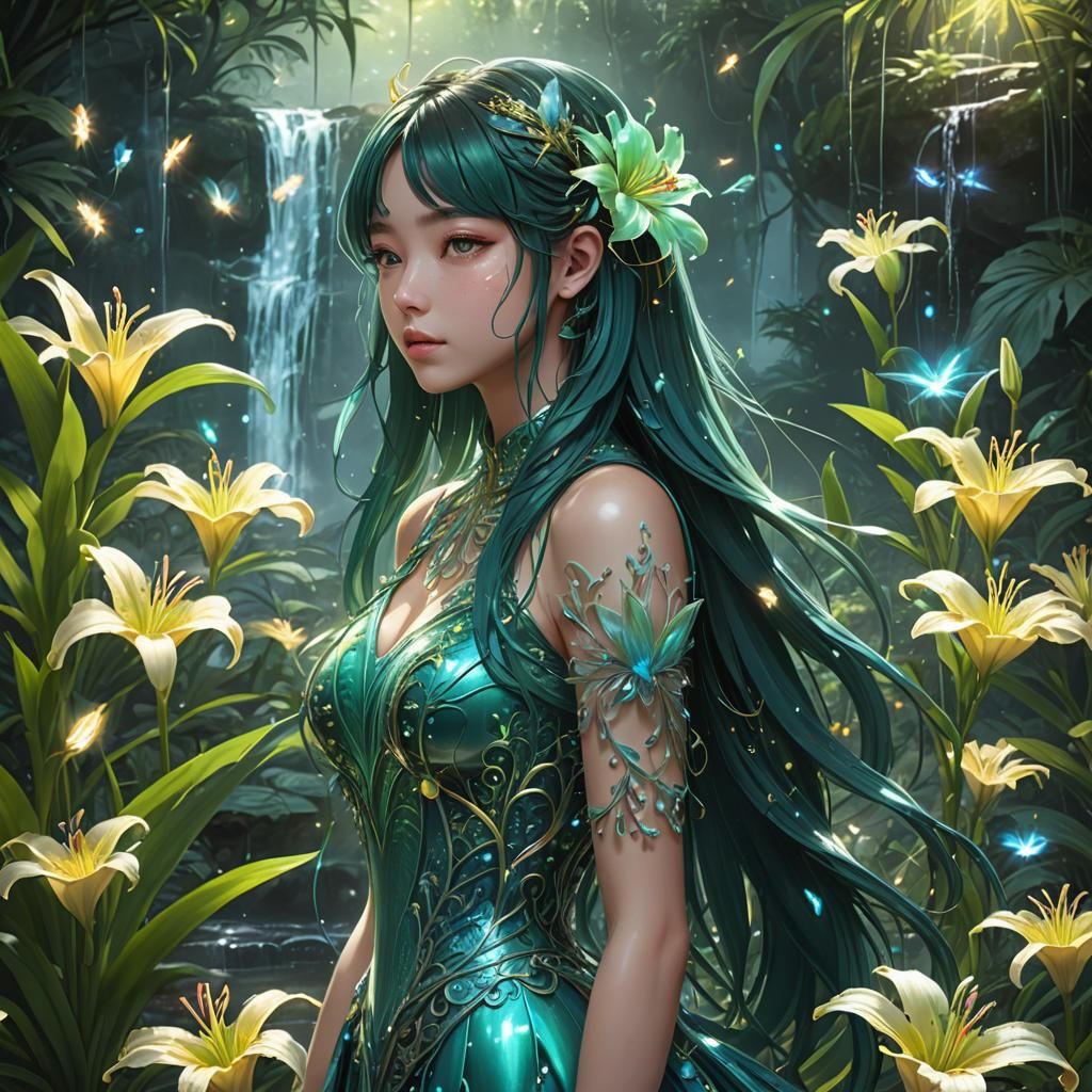 Filigree Day Lily with Fireflies in Anime Style