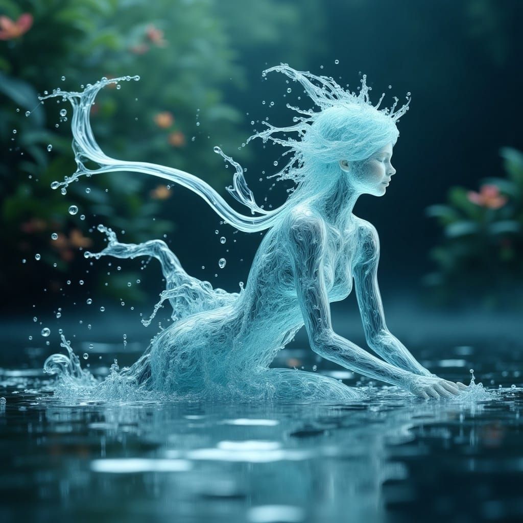 Ethereal Water Sprite Fairy Rising from Moonlit Lake