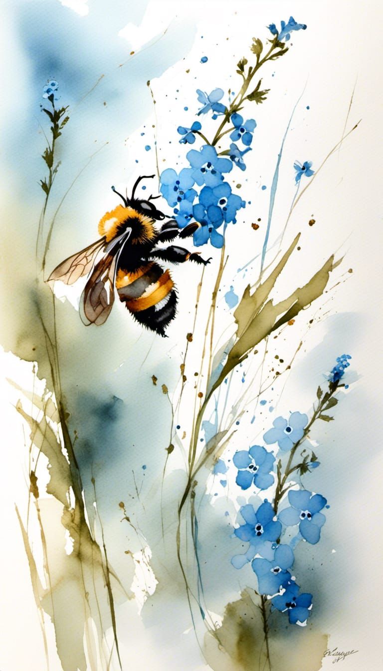 Bee Foraging on Forget-Me-Nots in Watercolor