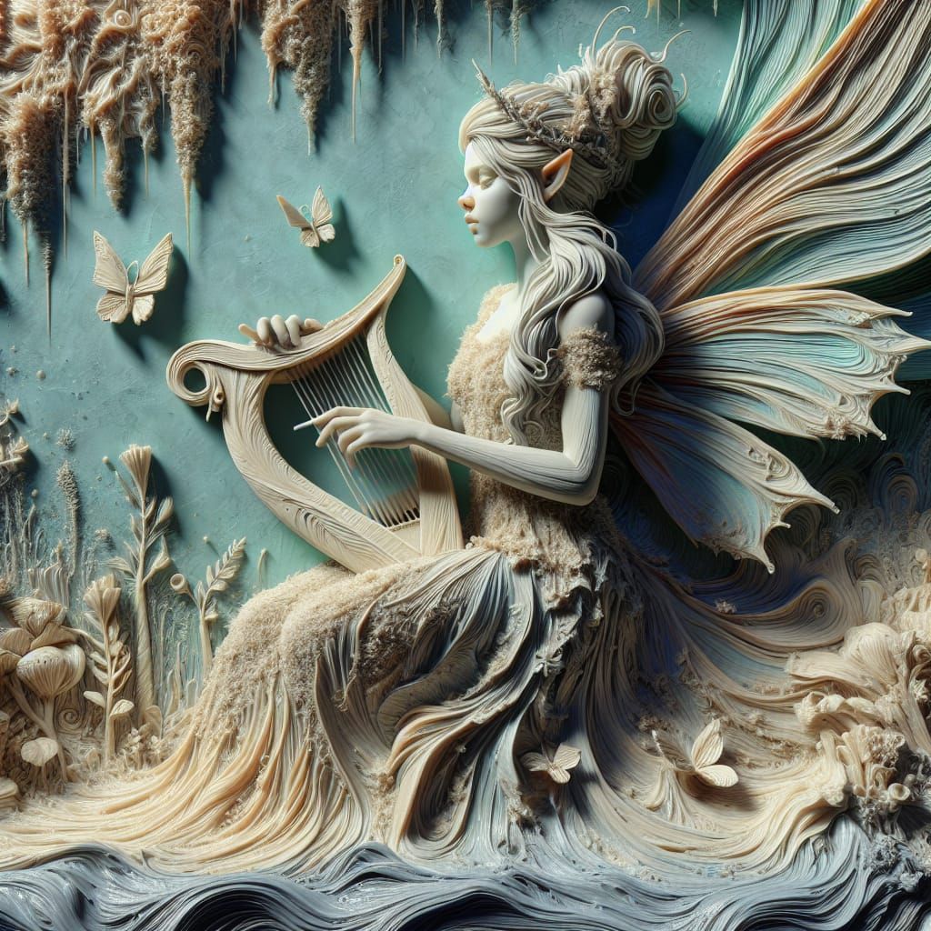 Hispanic Fairy Plays Harp in Detailed Wax Diorama