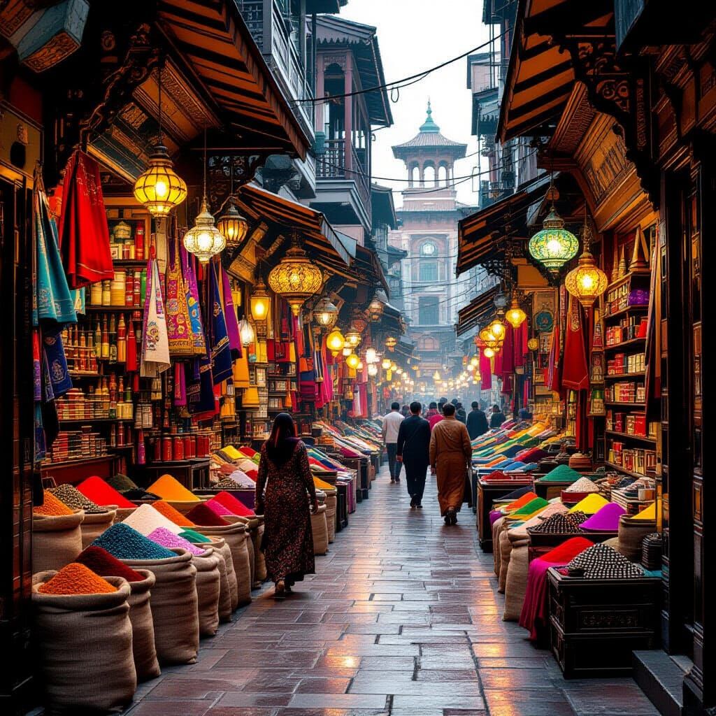 Vibrant Suk Street with Spices and Fabrics