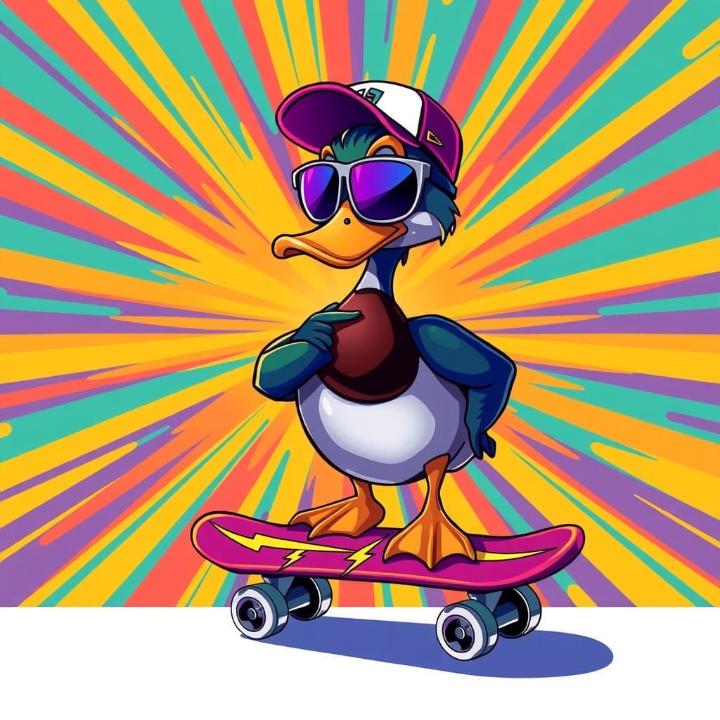 Cartoon Mallard Duck on Skateboard in Retro Style