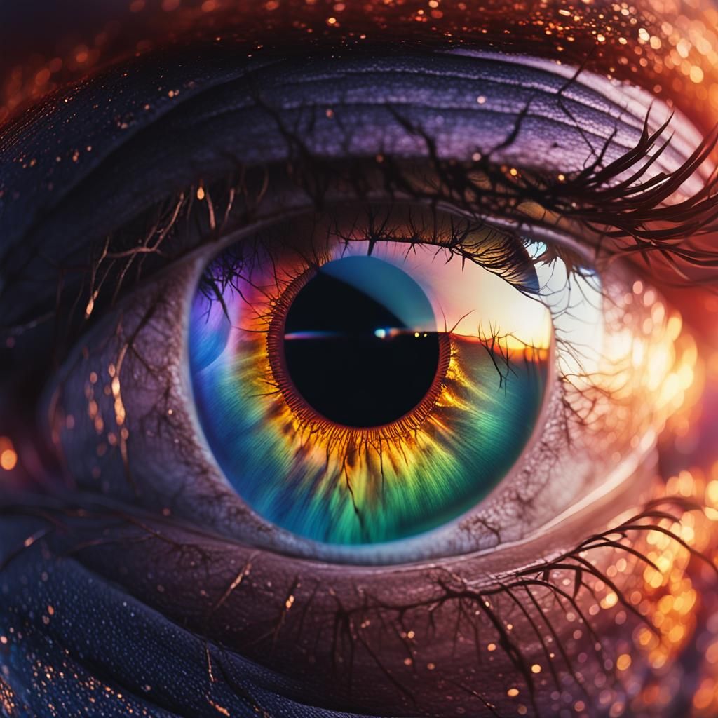 Iridescent Eyeball Reflecting Cityscape in Surreal Style
