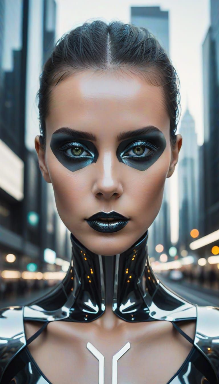 Symmetrical Portrait of Woman with Metallic Makeup Reflectin...