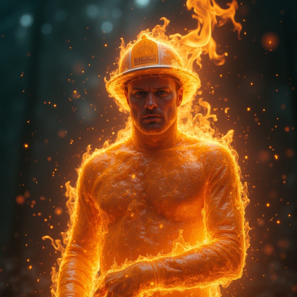 Fiery Man Hugs Translucent Water Firefighter