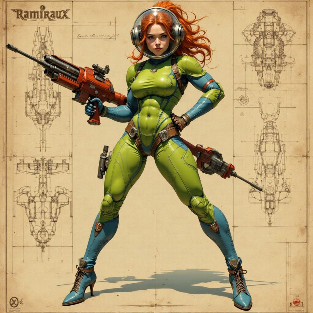 Retro-Futuristic Redhead Woman in Spacesuit with Ray Gun