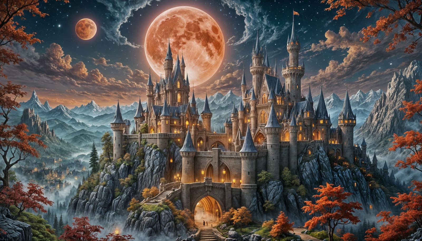 Ethereal Castle Under Red Moon, Fantasy Art