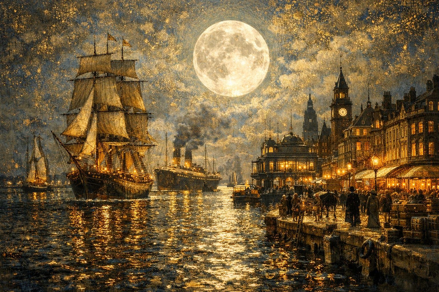 Victorian Port Ships Under Luminescent Moon
