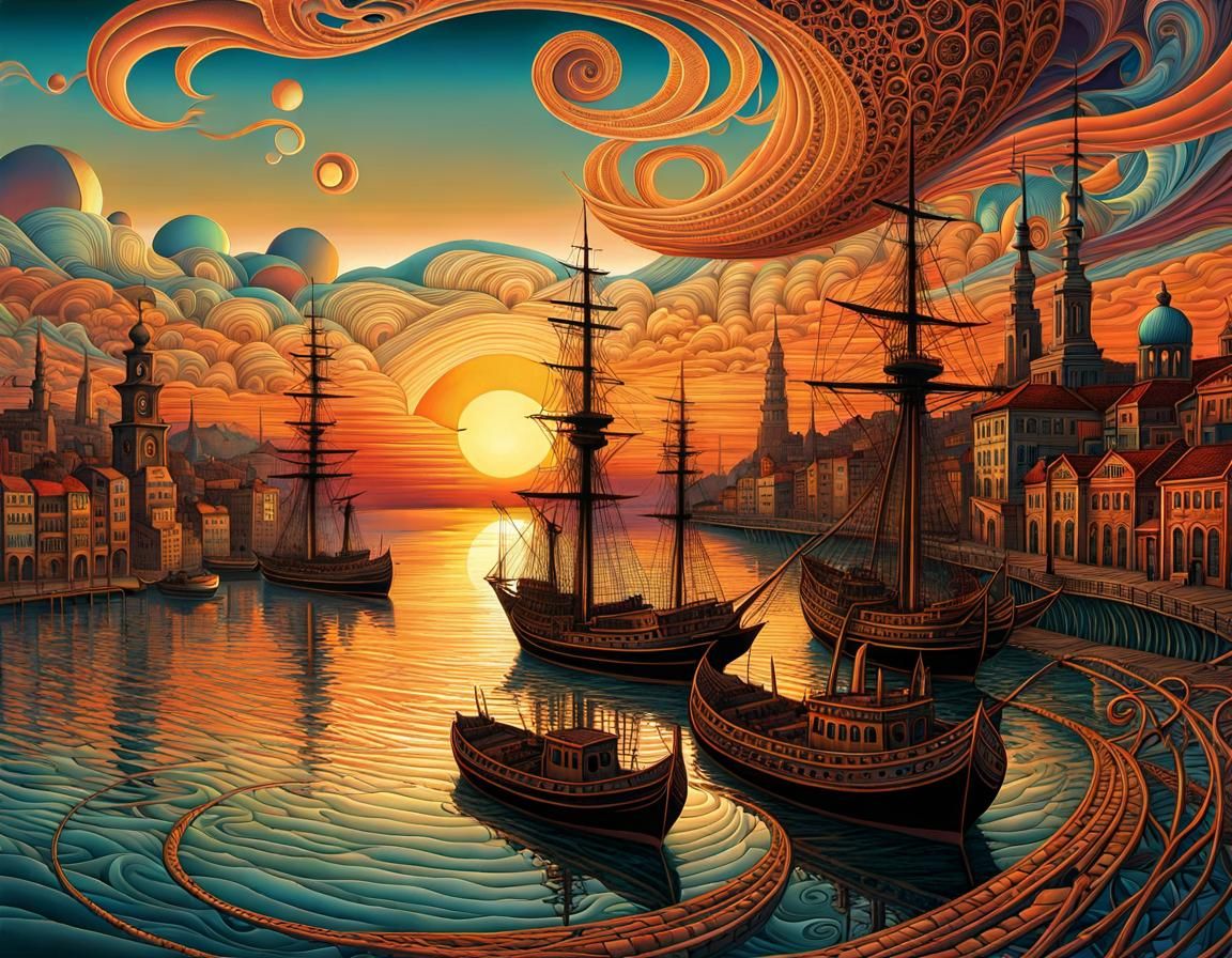 Dystopian Sunset Over Old Port with Fractal Elements