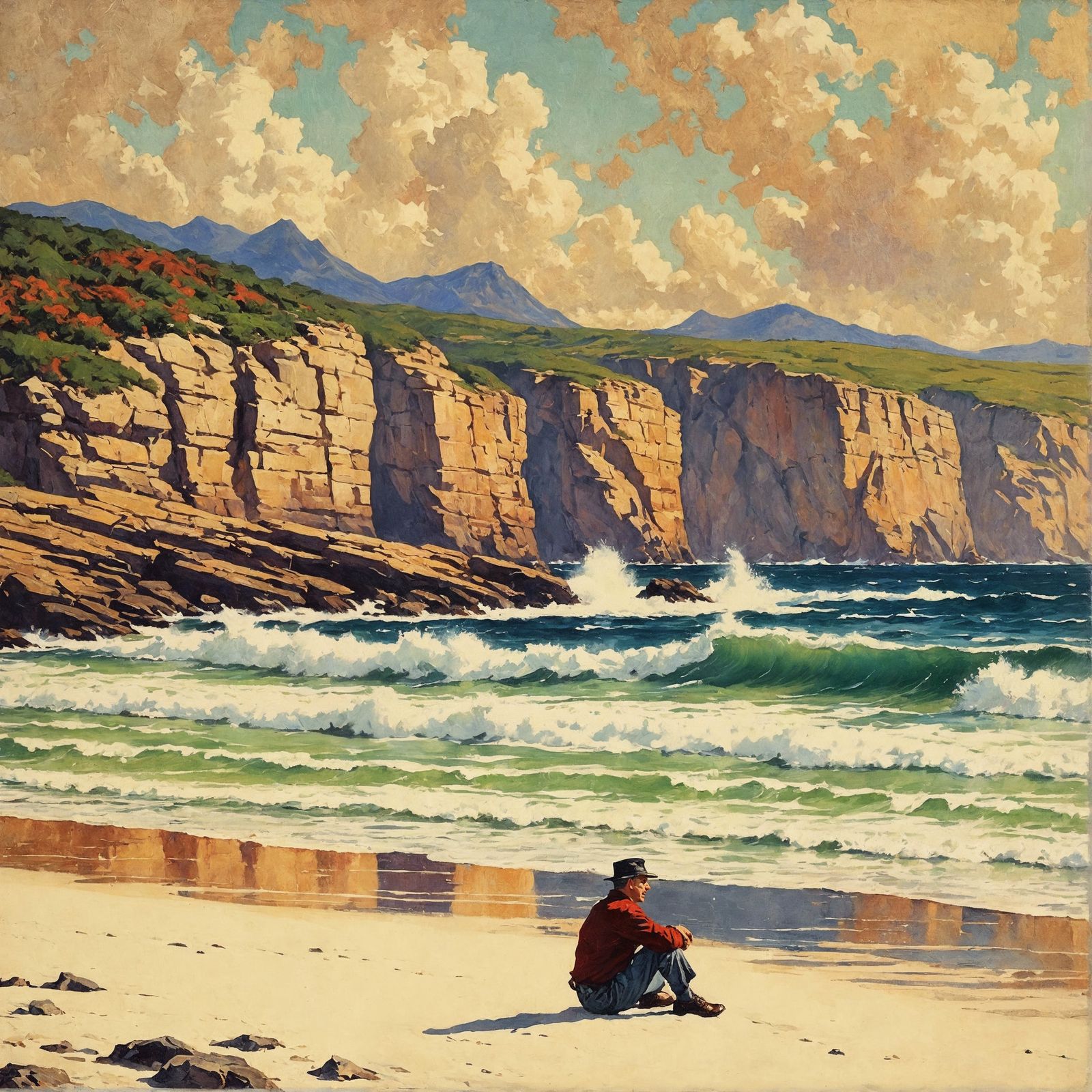 Expressive Woman on Beach in Vintage Illustration Style