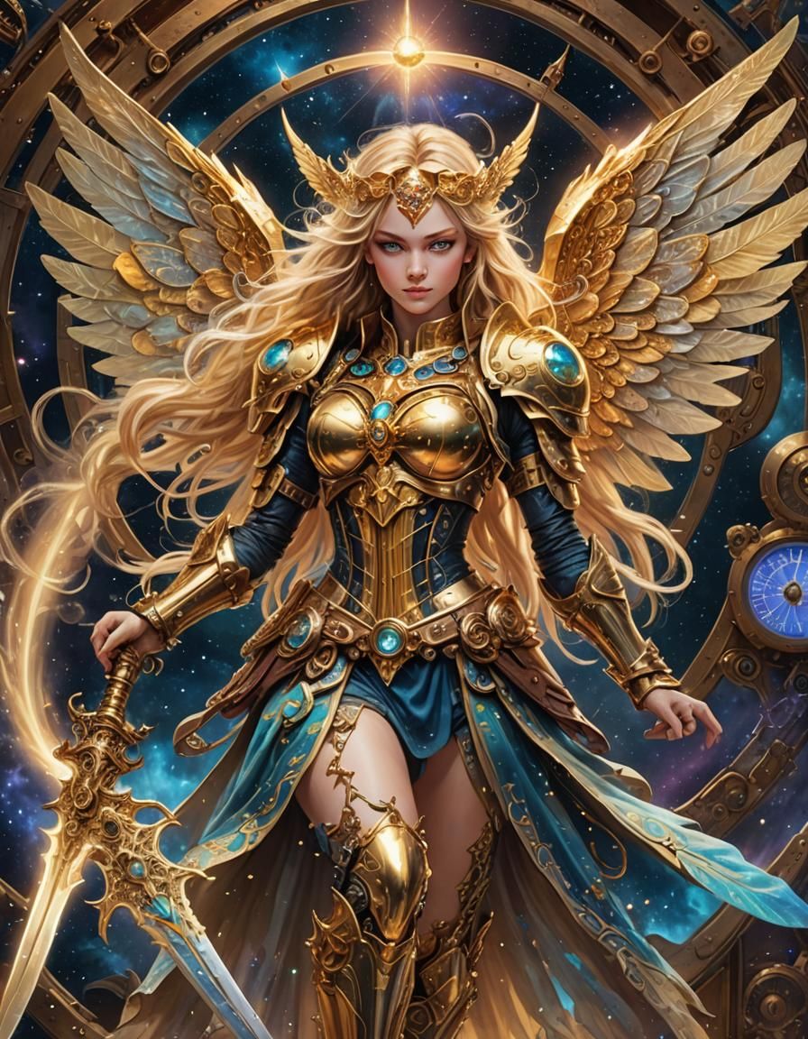 Golden Warrior with Glowing Sword in Space