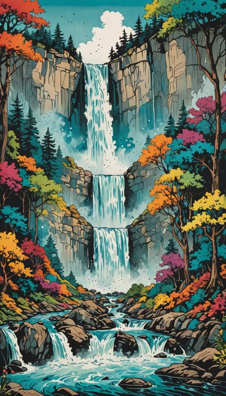 Epic Waterfall in Colored Ink Style