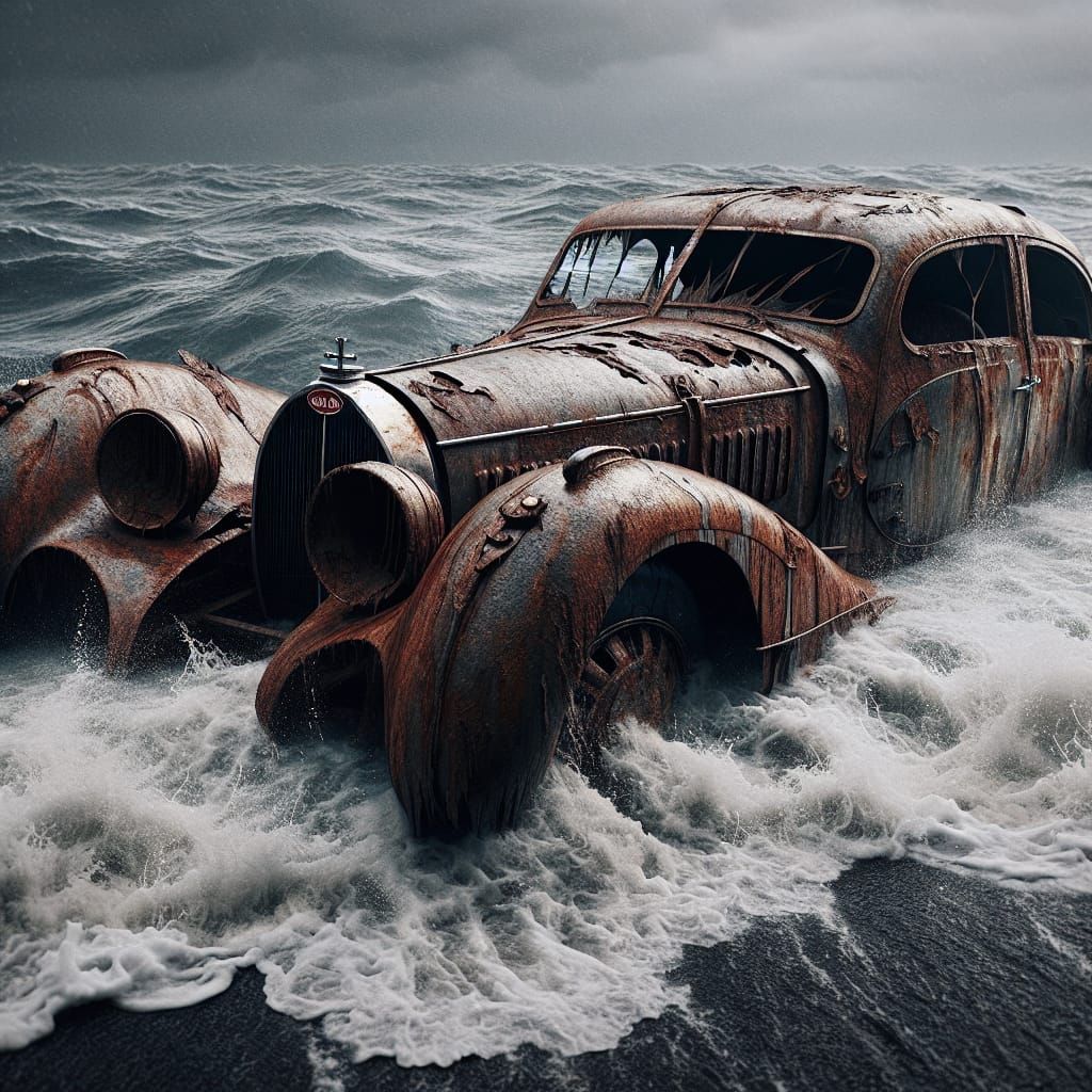 Rusted Bugatti Abandoned on Tumultuous Ocean Shore