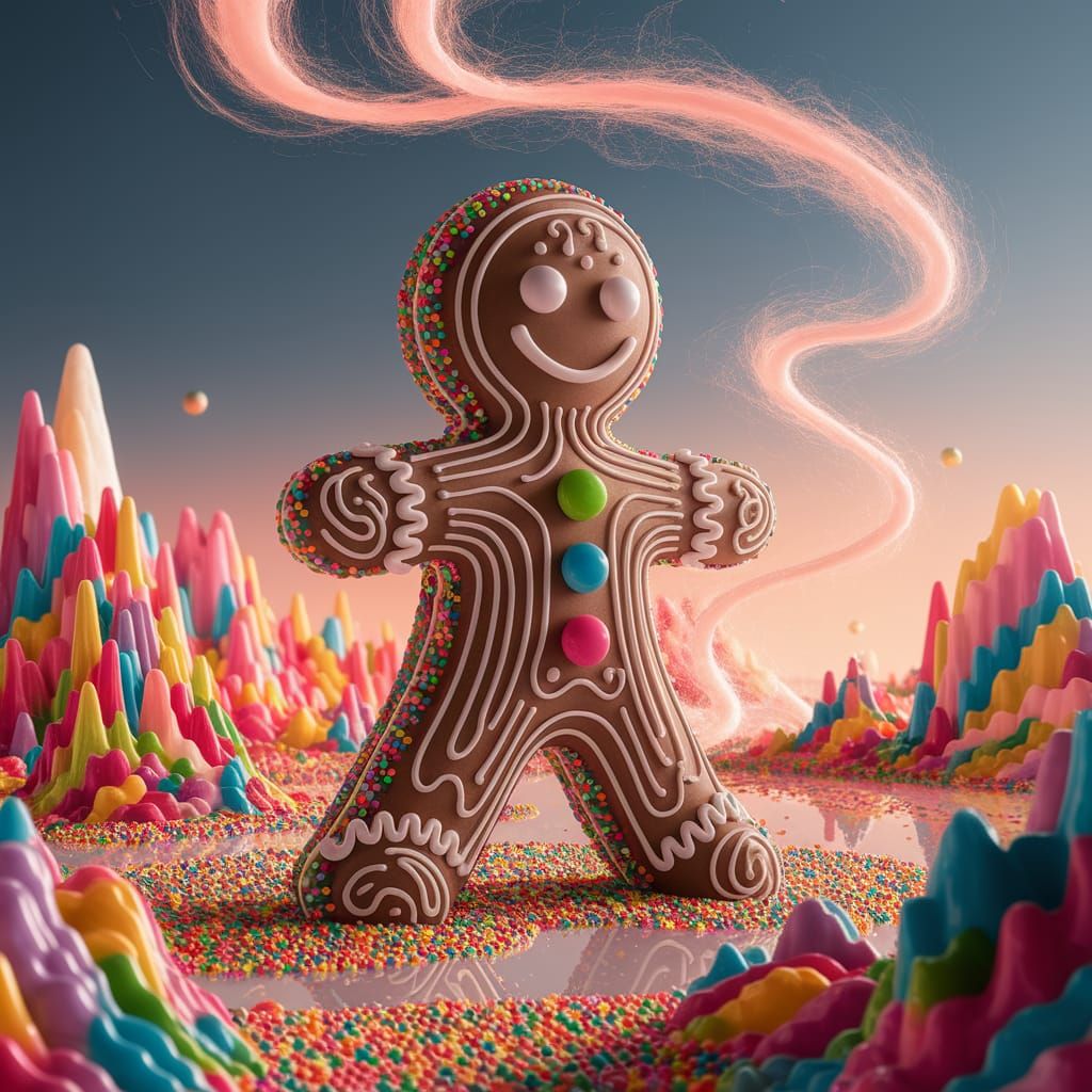 Monumental Gingerbread Man Guardian in Candy Landscape
