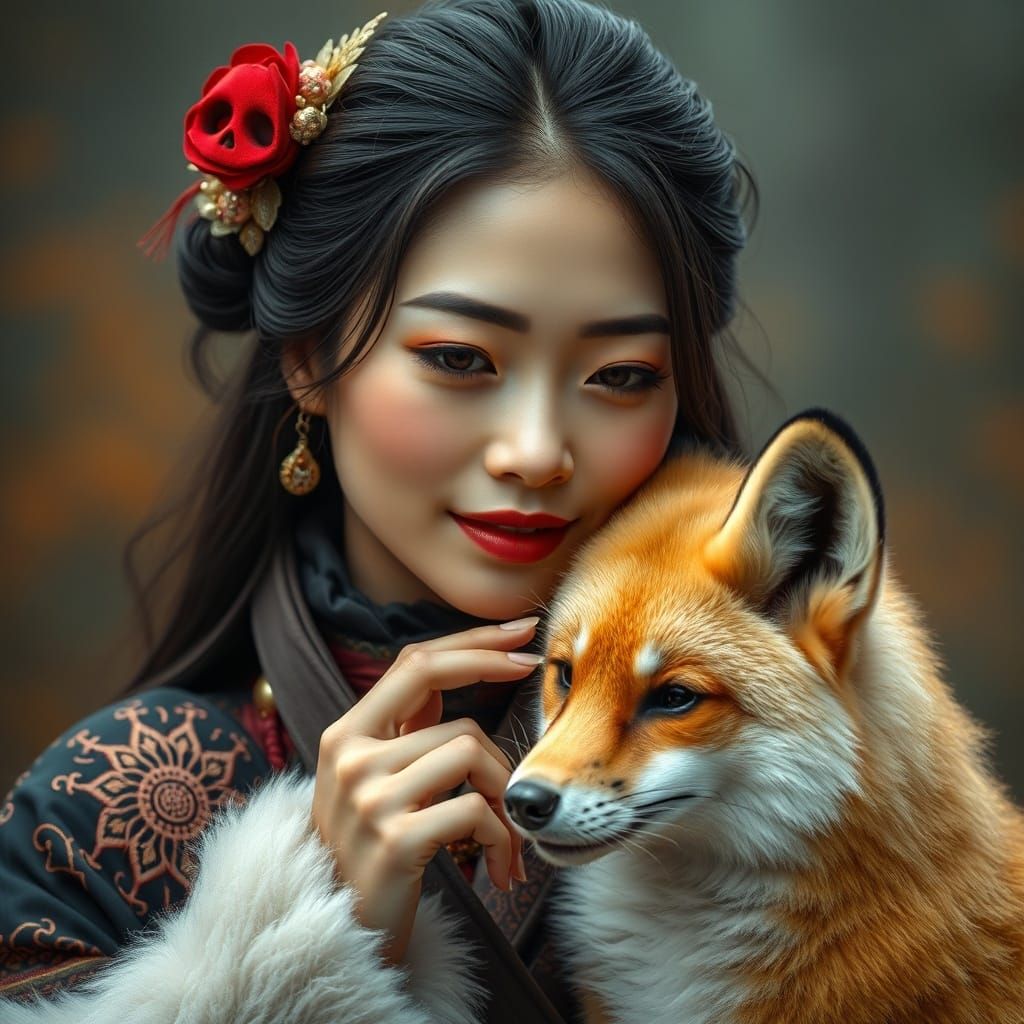 Asian Woman in Dramatic Clothing Petting a Fox