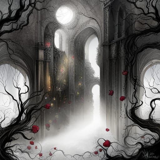 Sunlit Ruins with Roses, Detailed Fantasy Art