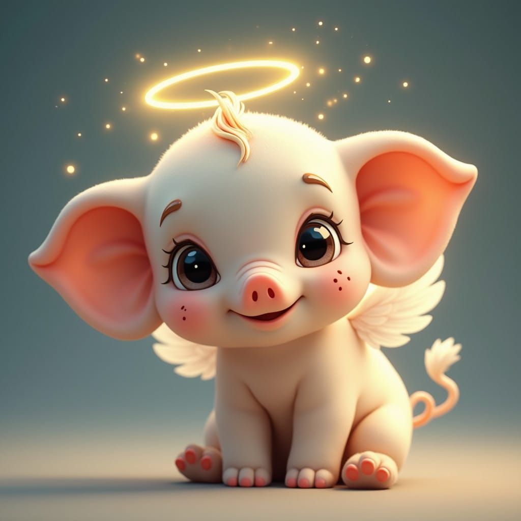 Cute, Cherubic Creature with Sparkling Onyx Eyes and Elephan...