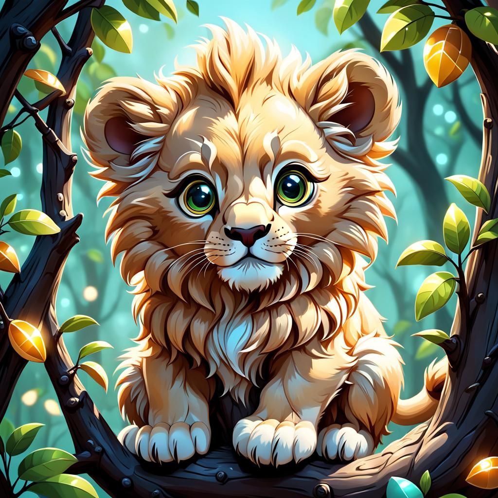 Cute Fluffy Lion Cub Climbing a Tree: Candy Art