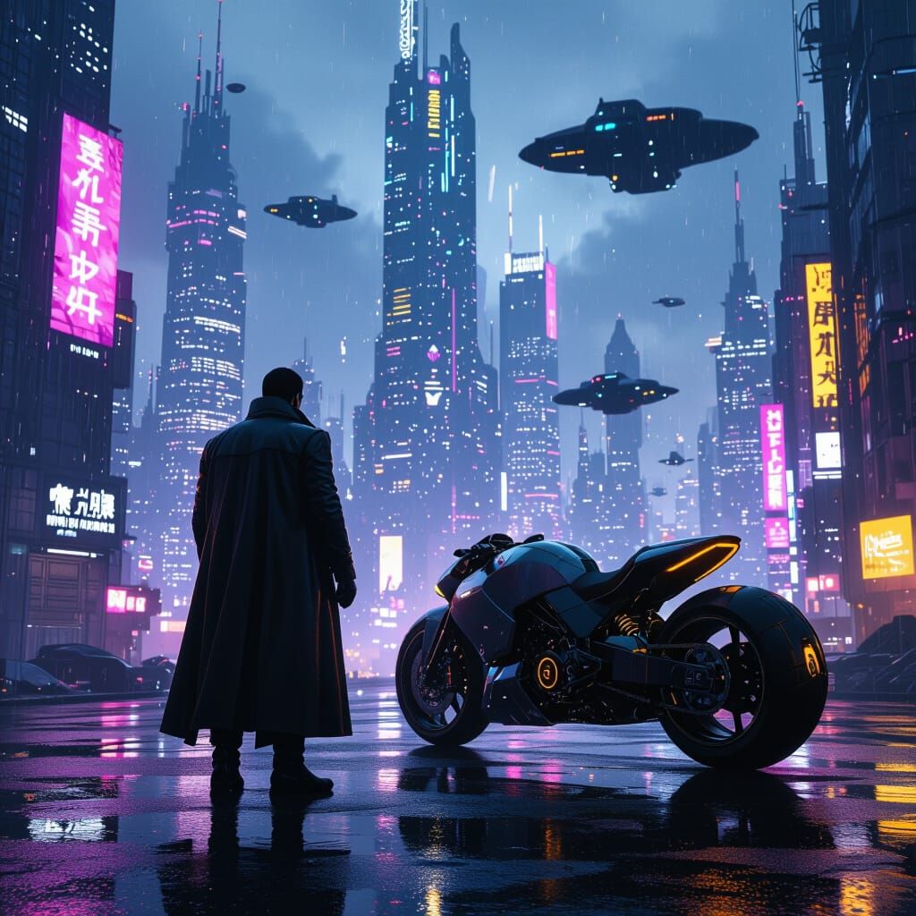 Man with Hoverbike in Dystopian Cityscape
