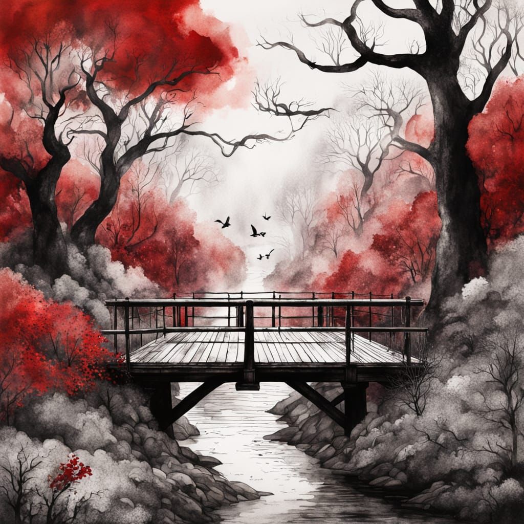 Epic Wilderness Bridge in Whimsical Watercolour Style