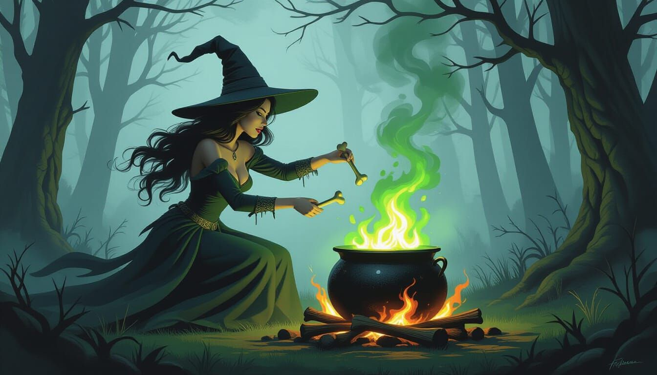 Witch Brews Green Fire in Dark Forest, Frank Frazetta Style
