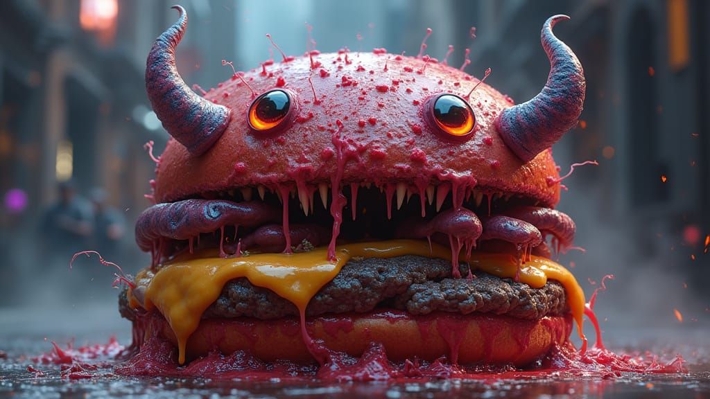 Hyper-Realistic Cyberpunk Monster Hamburger