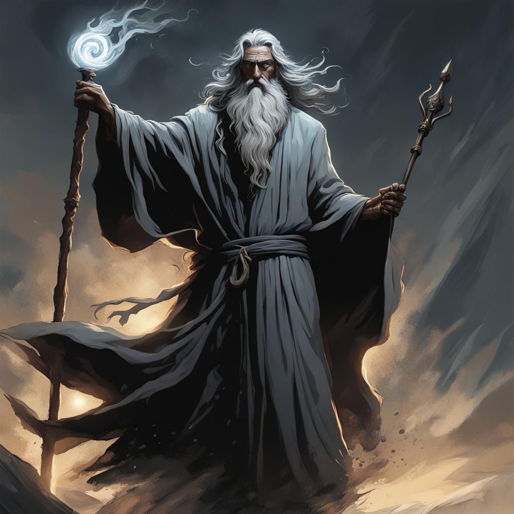 Wizard Silhouette Casting Wind Spell in Dark Fantasy Art