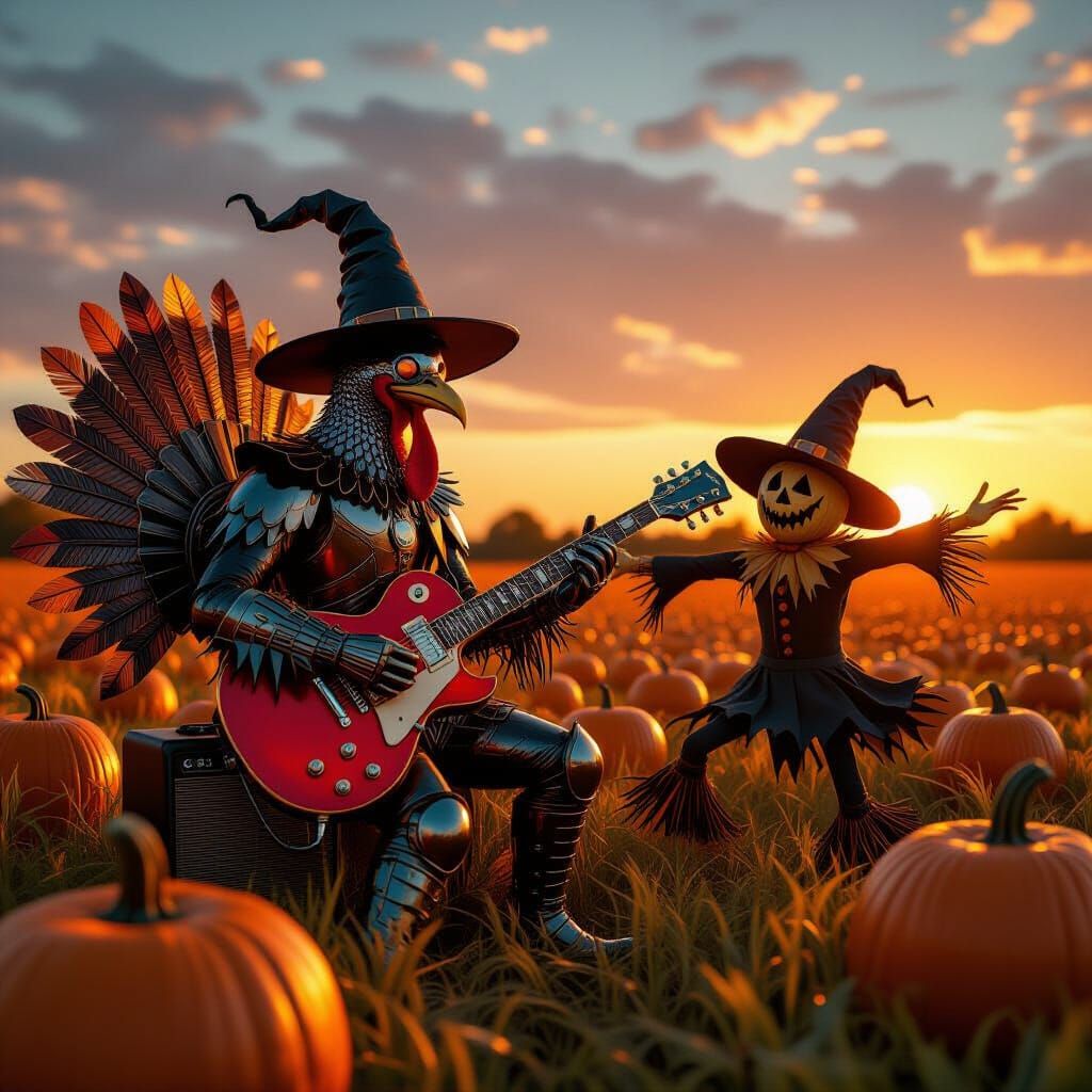 Heavy Metal Turkey Rocks Out in Pumpkin Field at Sunset