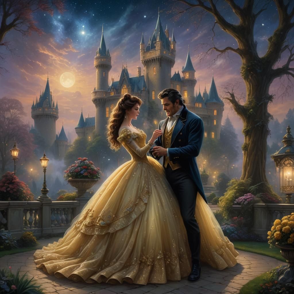 Werewolf and Victorian Woman in Starry Garden