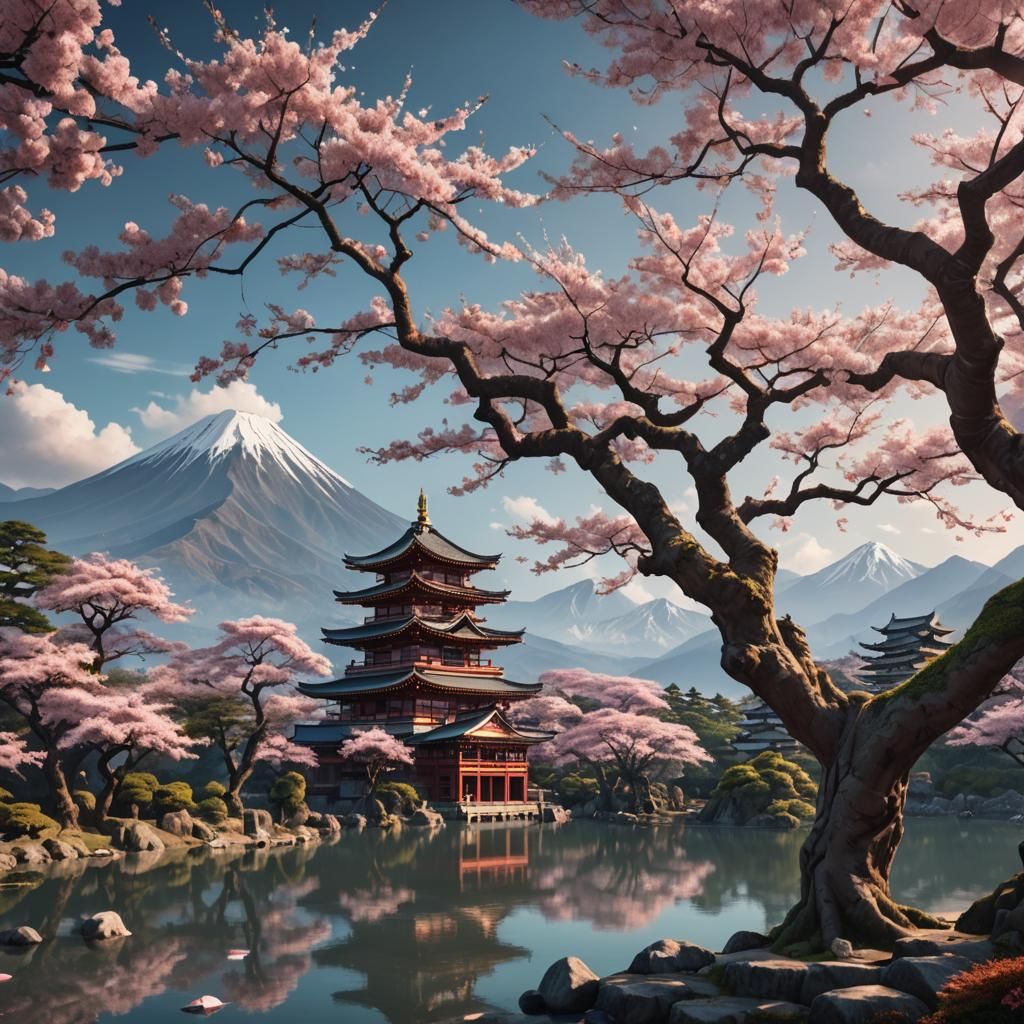 Ancient Sakura Tree by Lake: Fantasy Concept Art
