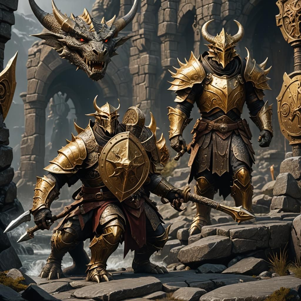 Gold Dragonborn Warrior with Hammer, Fantasy Art