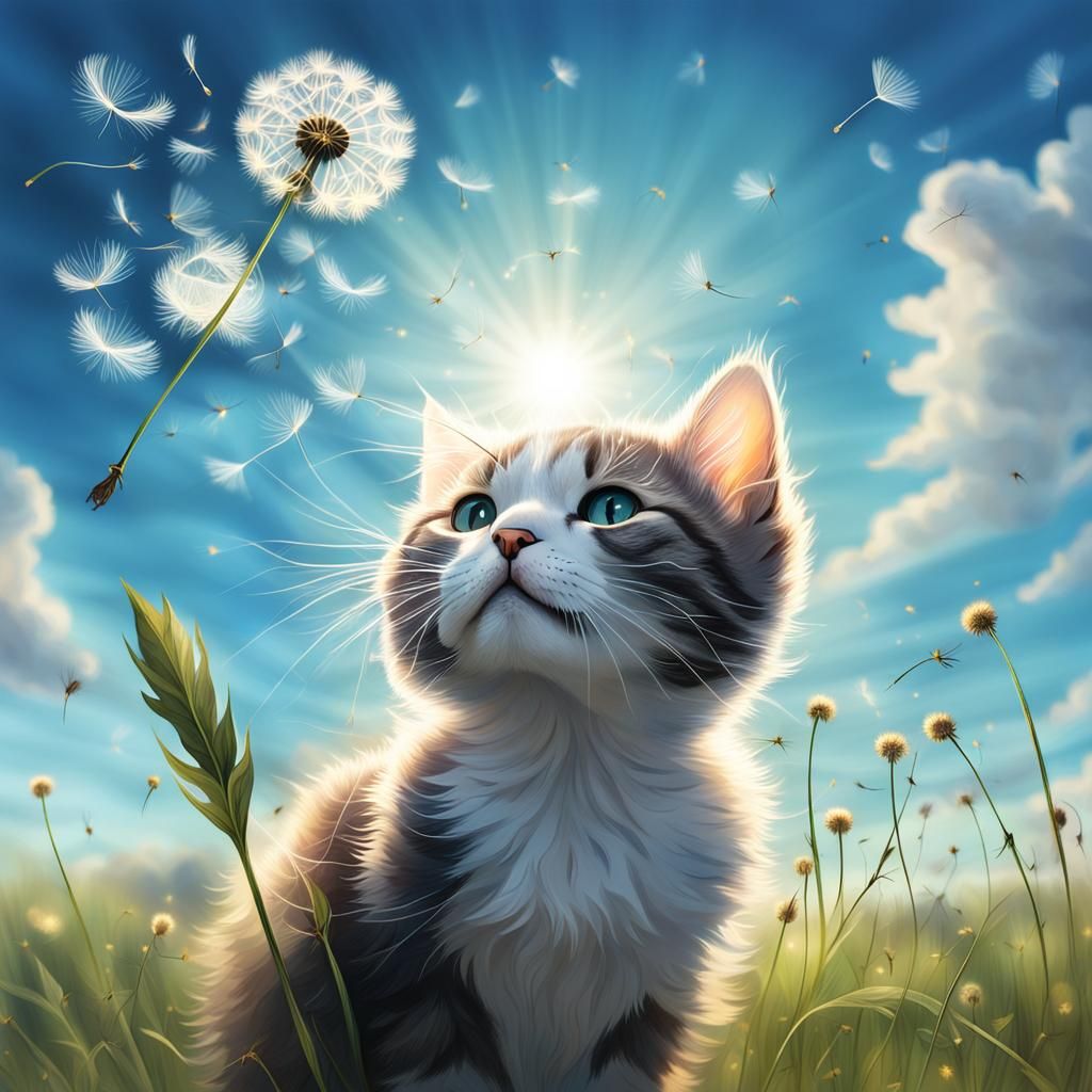Kitten Playing with Dandelions in Blue Sky