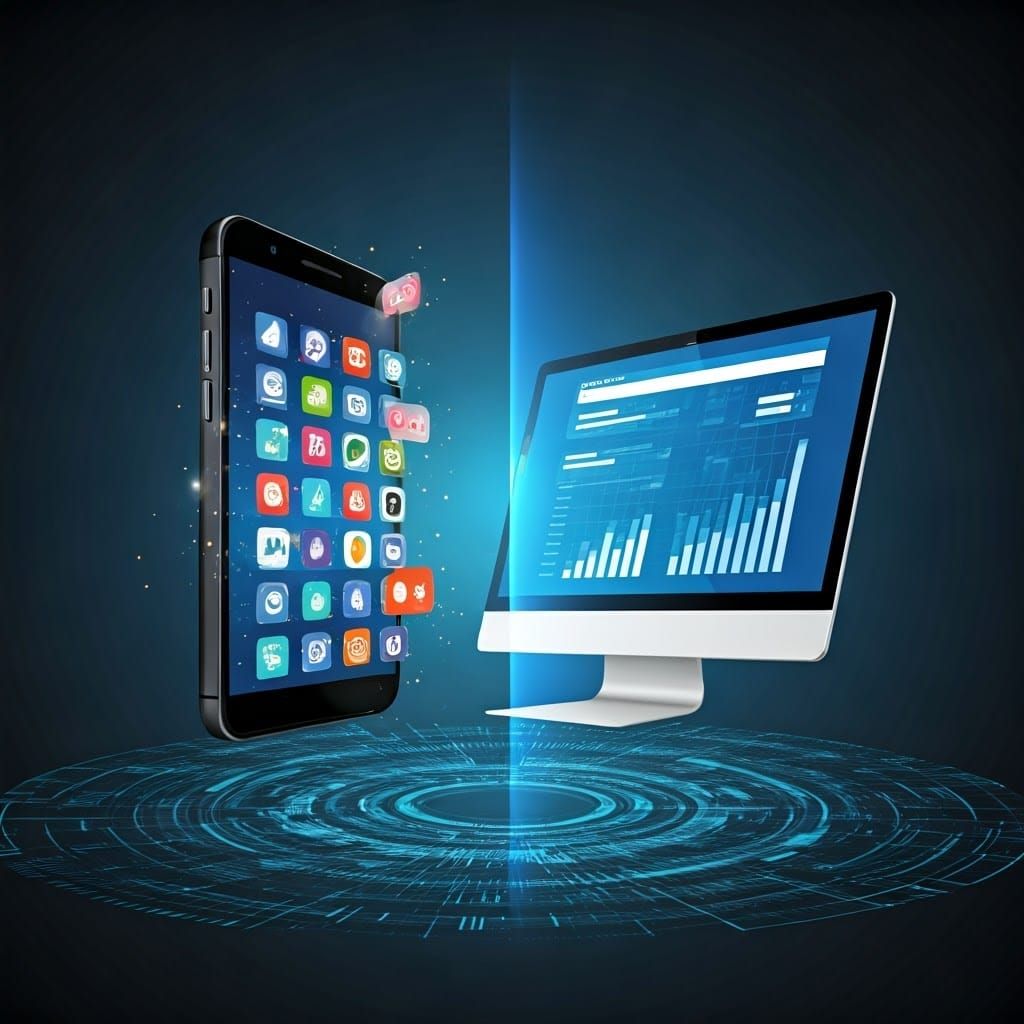 Futuristic Digital Landscape Divided Between Mobile and Desk...