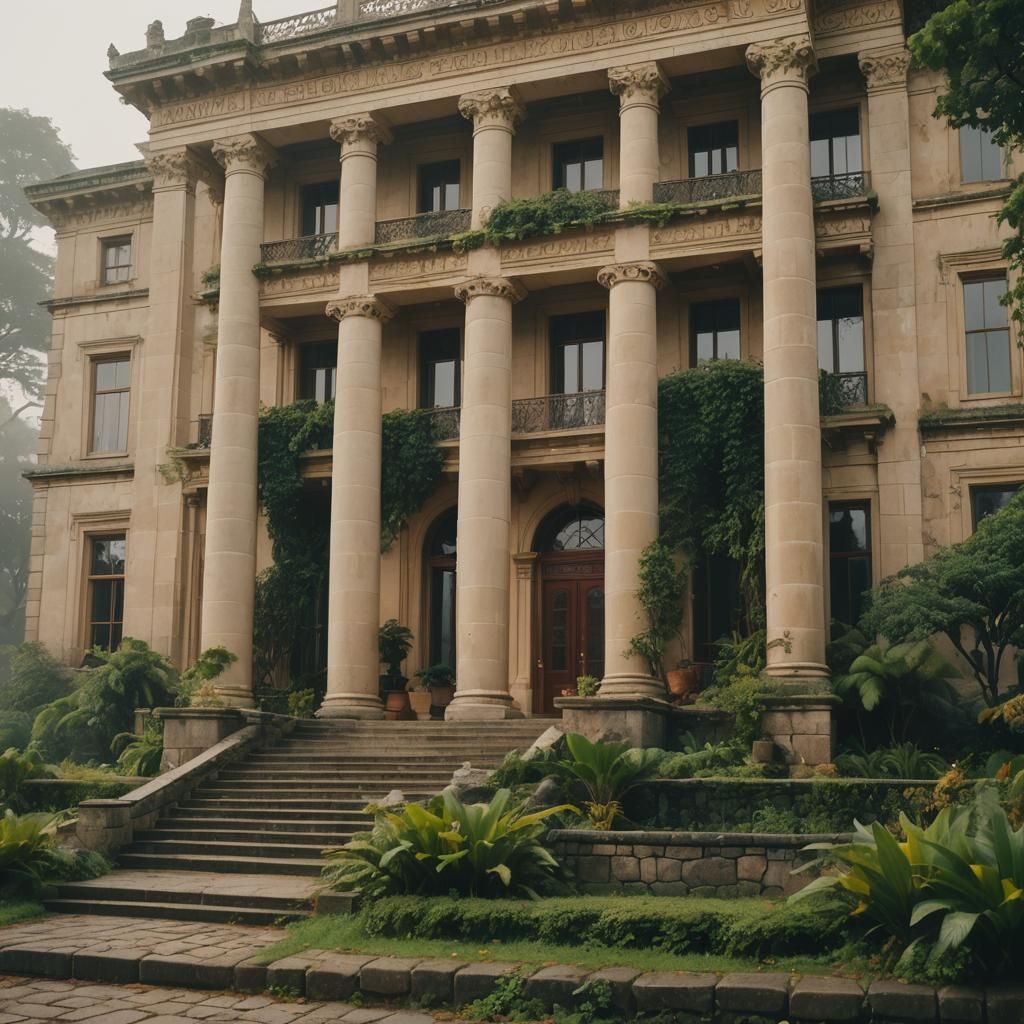 Majestic Mansion in Morning Mist: Cinematic Film Still