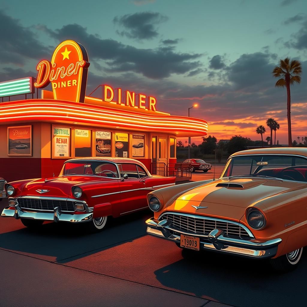 "A neon-lit diner at dusk : Vintage Car "