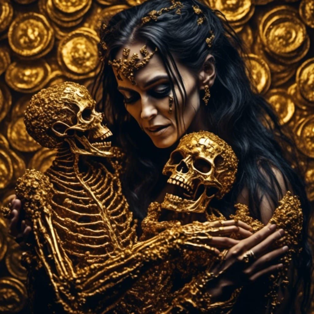Golden Skeleton Woman with Monster in Gold