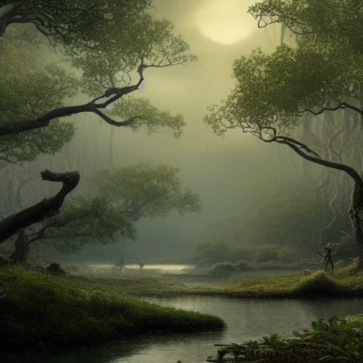 Tranquil Mangrove Forest at Night: Detailed Landscape Art