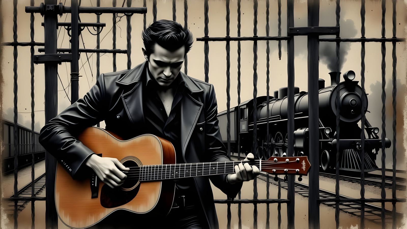 Johnny Cash in Scratchboard Art Style