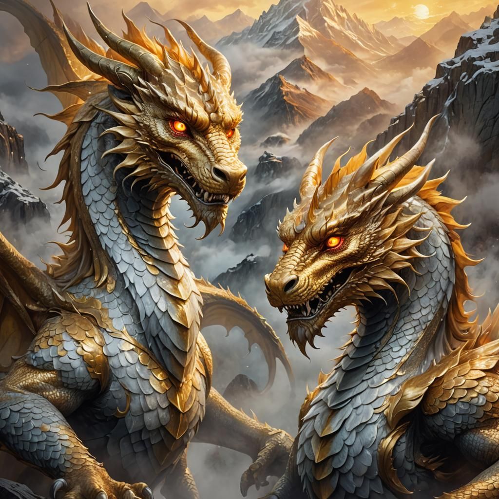 Golden Dragons in Misty Mountain Landscape