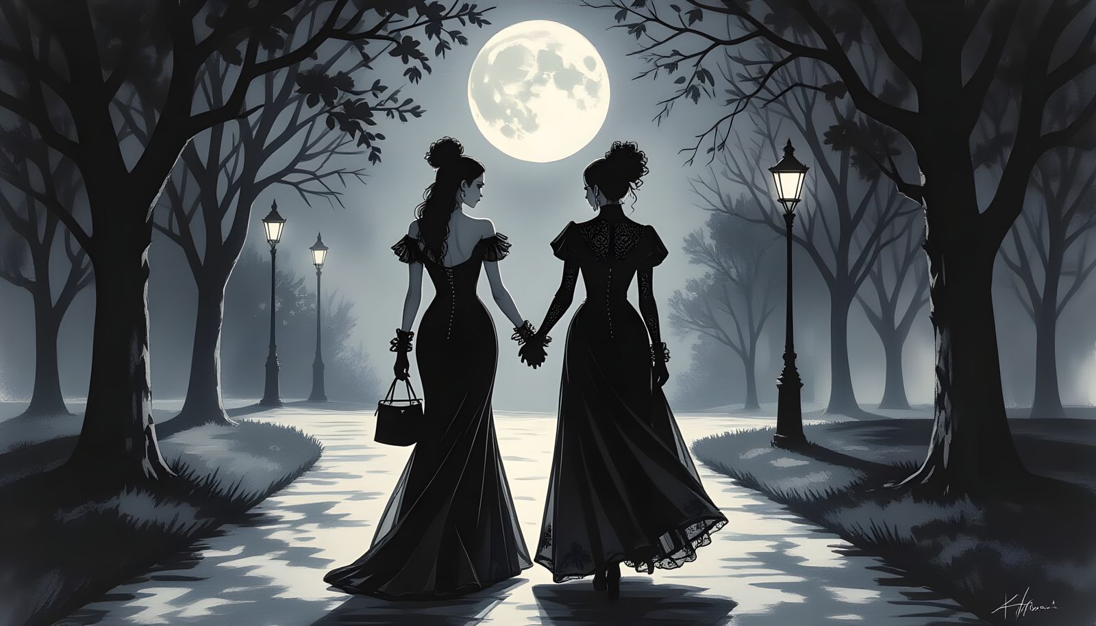 Goth Couple's Moonlit Park Stroll in Charcoal
