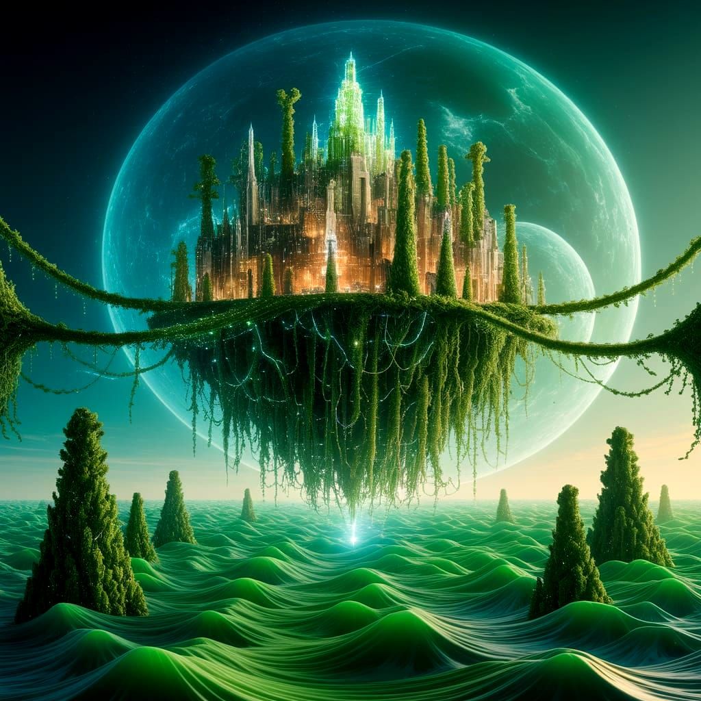 Bioluminescent City Above Alien Ocean in Digital Painting St...