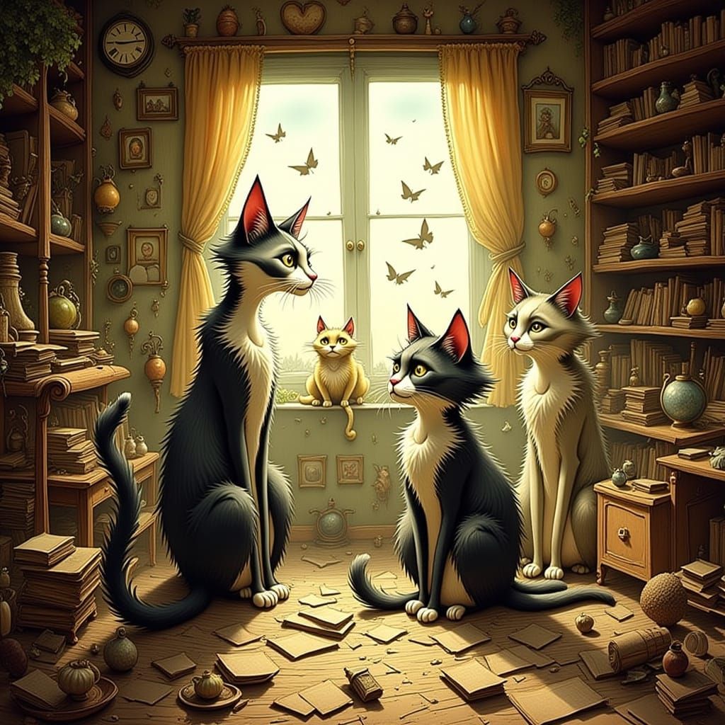 Anthropomorphic Cats in a Cozy Attic