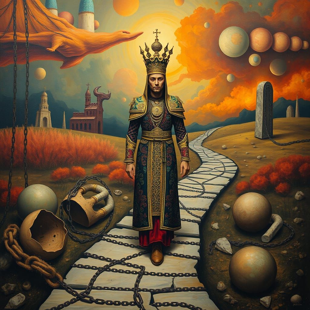 Surreal Regal Figure in Whimsical Landscape